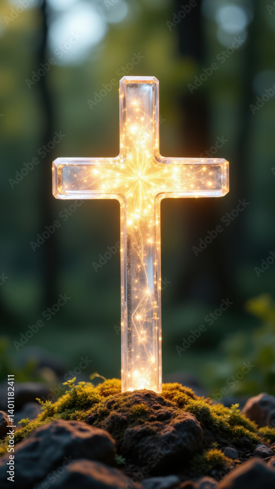 Illuminated Christian cross standing in a natural setting. Illuminated Christian cross standing in a natural setting.