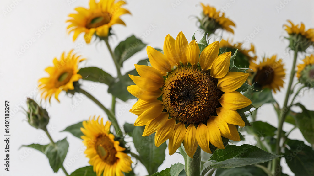 Fototapeta premium This image showcases a vibrant cluster of sunflowers. In the foreground, a large sunflower with bright yellow petals and a dark brown center is in sharp focus. 