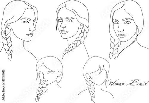 Elegant Look Of Women With Ponytail Braids Continuous One Line Art Drawing Minimalist Icon Concept In Editable Stroke