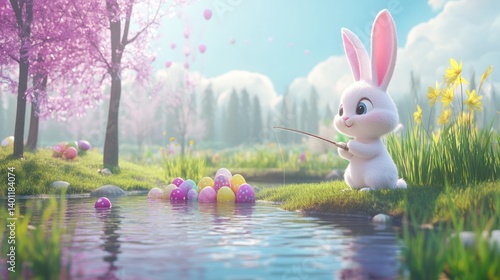 Bunny Fishing for Easter Eggs in Spring Landscape Illustration
