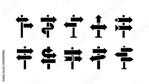 Navigating the Choices: A minimalist composition showcasing ten directional signs indicating choices and pathways, each offering unique guidance and symbolic direction.