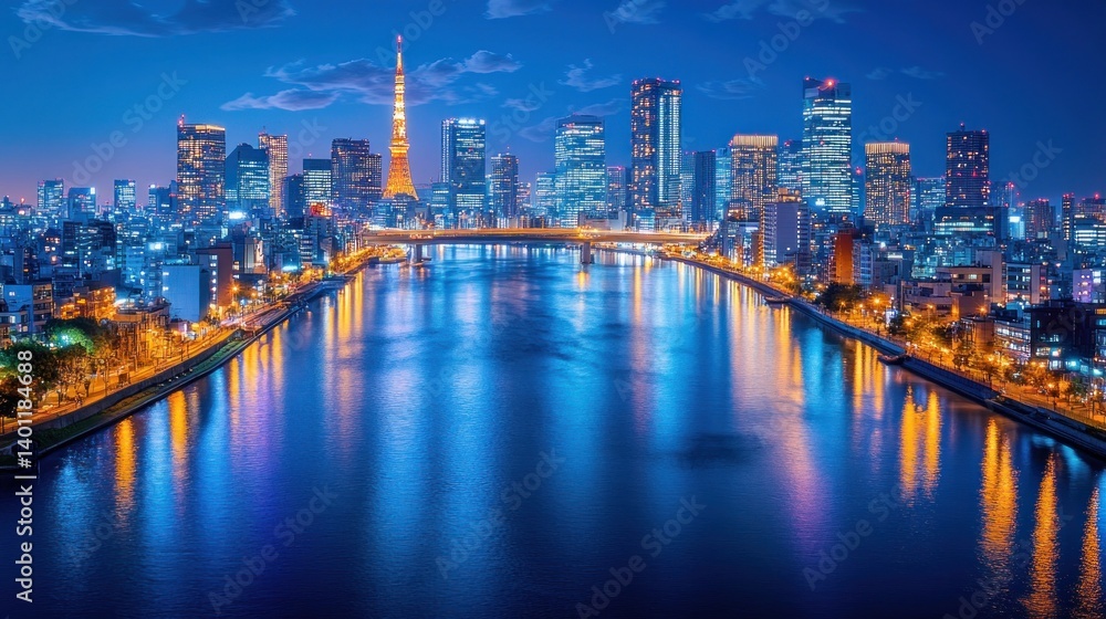 Obraz premium Tokyo skyline at night, reflecting on river