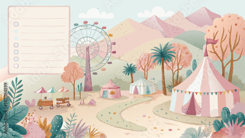 "Watercolor Festival Map Background – Abstract Coachella Stages, Vendors & Art in Playful Pastels, with Copy Space"