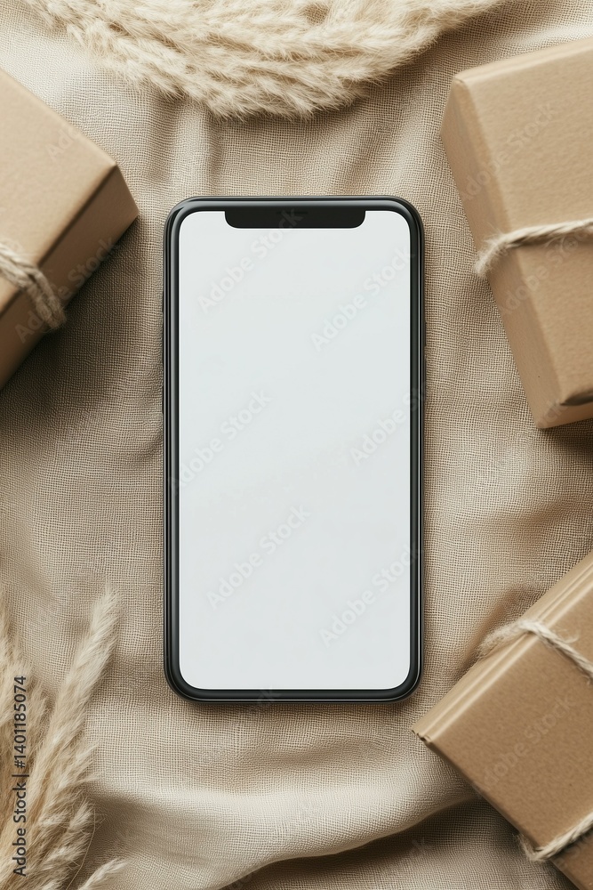 Mockup mobile phone with white screen and Unboxing parcels