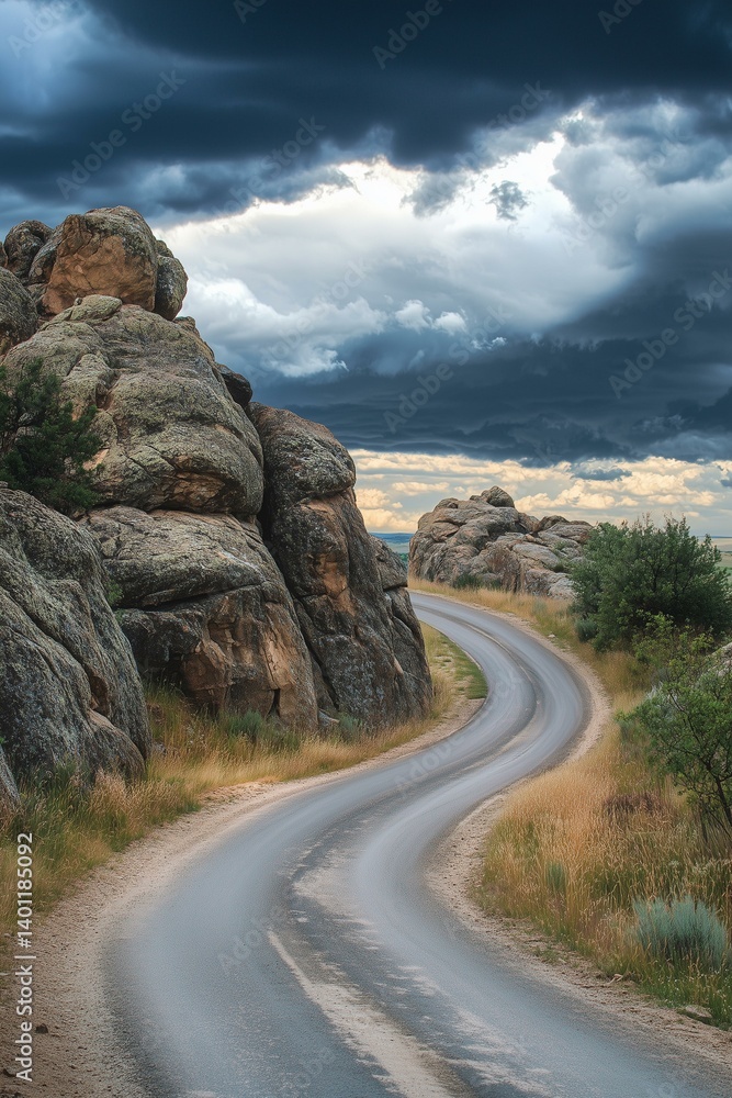 Granite rocks, a winding country road and a cloudy sky