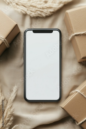 Obraz na płótnie Mockup mobile phone with white screen and Unboxing parcels w salonie