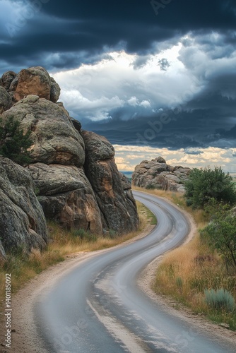 Obraz na płótnie Granite rocks, a winding country road and a cloudy sky w salonie