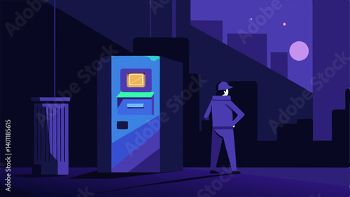 Night Scene An illustration of a cryptocurrency ATM lit up at night in a welllit urban environment with a person approaching to use it.