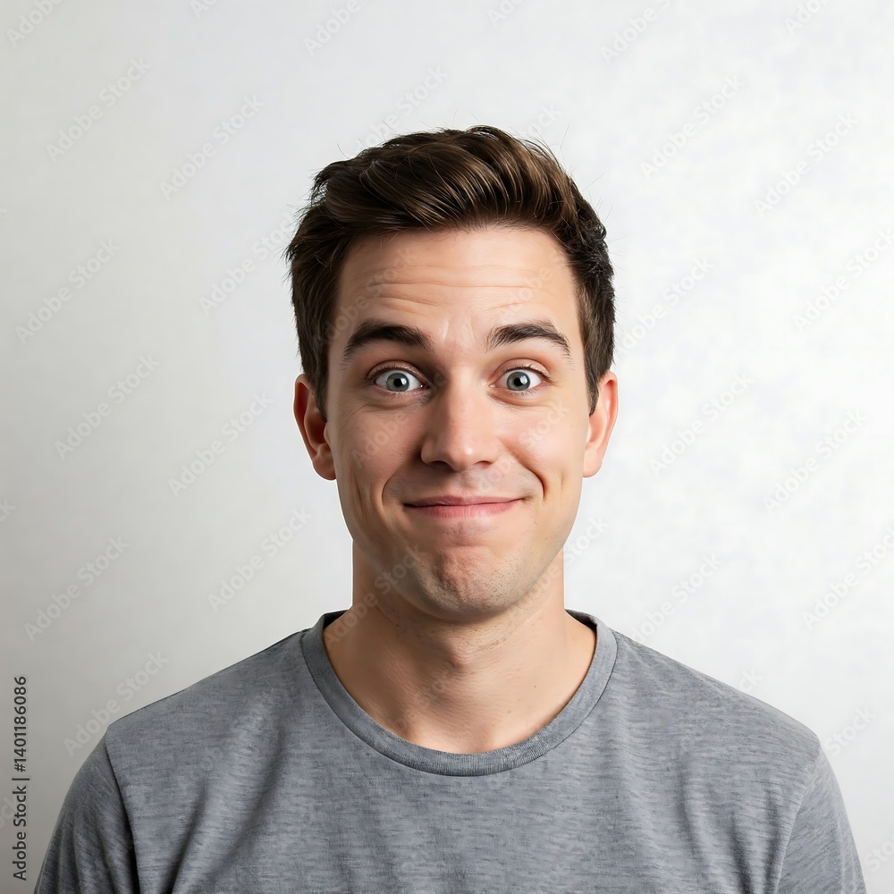 Fototapeta premium Young Man with Wide Eyes and Amused Expression, Looking at Camera, Humorous Portrait