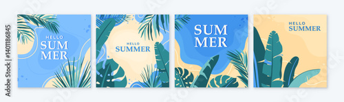 Summer tropical set vector background. Tropic posters with jungle palm leaves, monstera, banana in minimal simple flat modern style. Beach, sun, sea banner square design. Travel paradise vacation