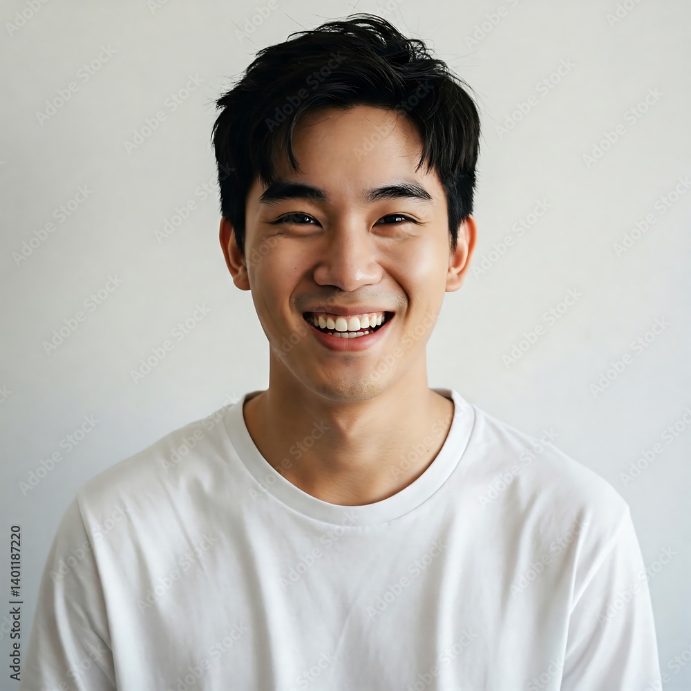 Radiant Young Man with Dark Hair Smiling Joyfully in a White T-Shirt Portrait Radiant Young Man with Dark Hair Smiling Joyfully in a White T-Shirt Portrait