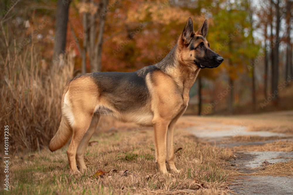German Shepherd Standing Alert in an Autumn Forest Path German Shepherd Standing Alert in an Autumn Forest Path