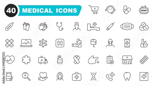 Medical line icon set. Medicine and healthcare symbols. Medicine, doctor, hospital, pharmacy, pills, treatment etc. Editable stroke. Vector illustration.
