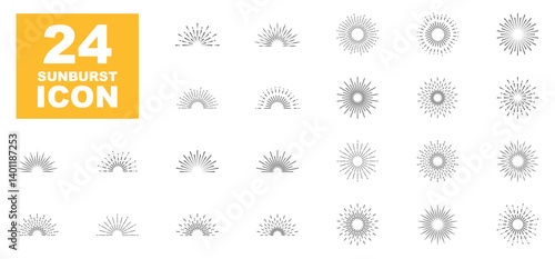 Sunburst icon set. Light rays collection. Vintage sunburst. Explosion, firework, sparks, star light, sun rays. Elements for logotype, emblem, banner or lettering. Vector illustration.
