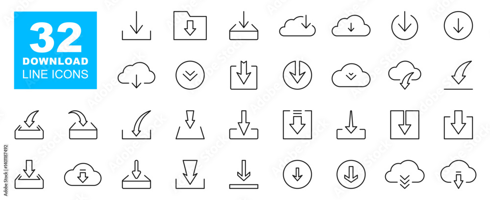 Download line icon set. Download files icons. Data download icon. Upload cloud storage sign. Editable stroke. Vector illustration. Download line icon set. Download files icons. Data download icon. Upload cloud storage sign. Editable stroke. Vector illustration.