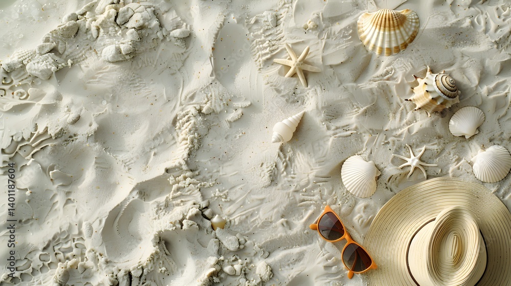 Fototapeta premium Vertical flat lay of vacation essentials: sunscreen, hat, sunglasses, and seashells on sand.