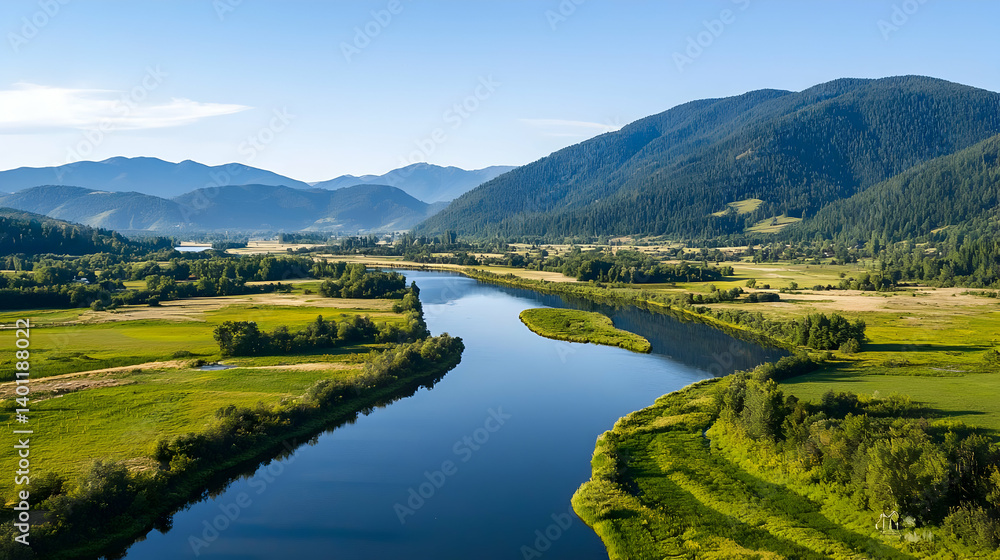 Fototapeta premium Aerial View Of Winding River Through Lush Valley