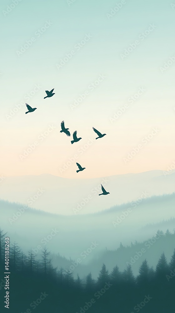 Serene morning sky with birds flying in formation Serene morning sky with birds flying in formation