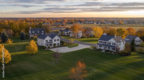 Aerial autumn sunset suburb homes