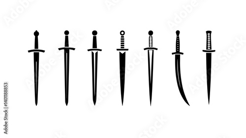 Ancient Swords Silhouette: A collection of iconic swords, embodying historical warfare, strength, and medieval artistry. These diverse blades showcase unique designs.