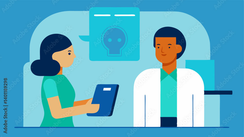 Technology Integration An image of a mobile tablet displaying MRI scans with a doctor discussing results with a patient in a consultation room. Technology Integration An image of a mobile tablet displaying MRI scans with a doctor discussing results with a patient in a consultation room.