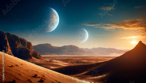 Sci-fi landscape featuring a desert environment, distant mountains, and two moons or planets in the sky during sunset