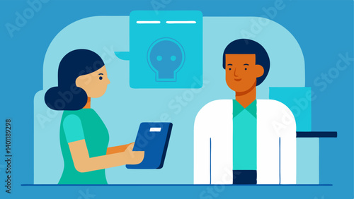Technology Integration An image of a mobile tablet displaying MRI scans with a doctor discussing results with a patient in a consultation room.