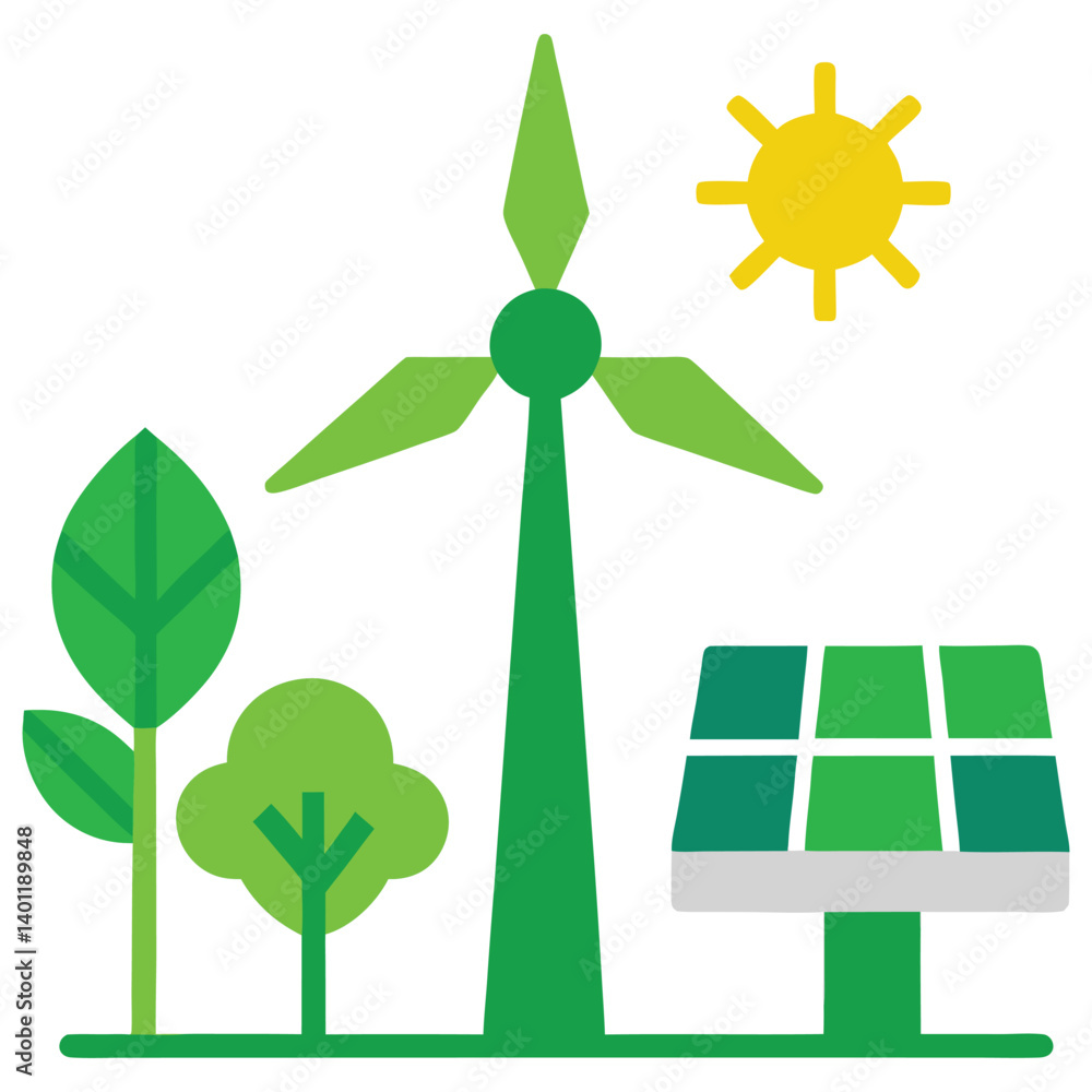 Green energy icons (wind turbine, solar panel) vector on white background Green energy icons (wind turbine, solar panel) vector on white background