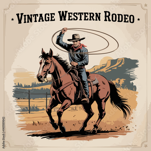 Vintage Western Cowboy on Horseback – Classic Rodeo Sketch with Lasso and Hat in Rustic Style