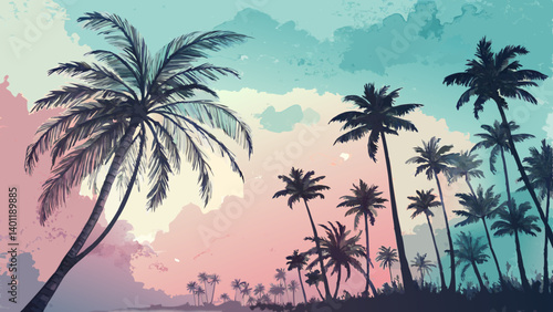 *"Watercolor Palm Tree Silhouette Background – Soft Pastel Gradient Sky with Tropical Festival Vibes, Laid-Back Summer Aesthetic