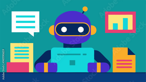AI Content Curator A friendly robot character sitting at a desk sorting through various colorful news articles and highlighting the ones that match a users interests on a digital