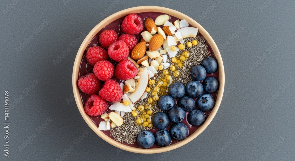 Bowl with raspberries blueberries nuts and seeds on grey surface top view. Bowl with raspberries blueberries nuts and seeds on grey surface top view.