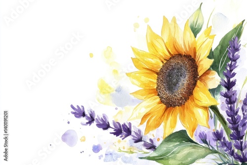 A beautiful watercolor illustration of a sunflower and lavender flowers, ideal for creating a rustic bouquet or frame.