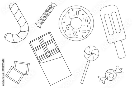 Outline set of sweets. Candy theme flat vector elements each isolated on white background.