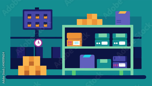 Inventory Management A stock room with organized shelves and a digital interface showing live inventory levels using blockchain to track items and restocking events.