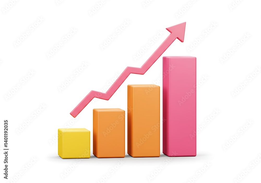 3d bar graph with ascending pink arrow on a isolated on a white background. 3d bar graph with ascending pink arrow on a isolated on a white background.