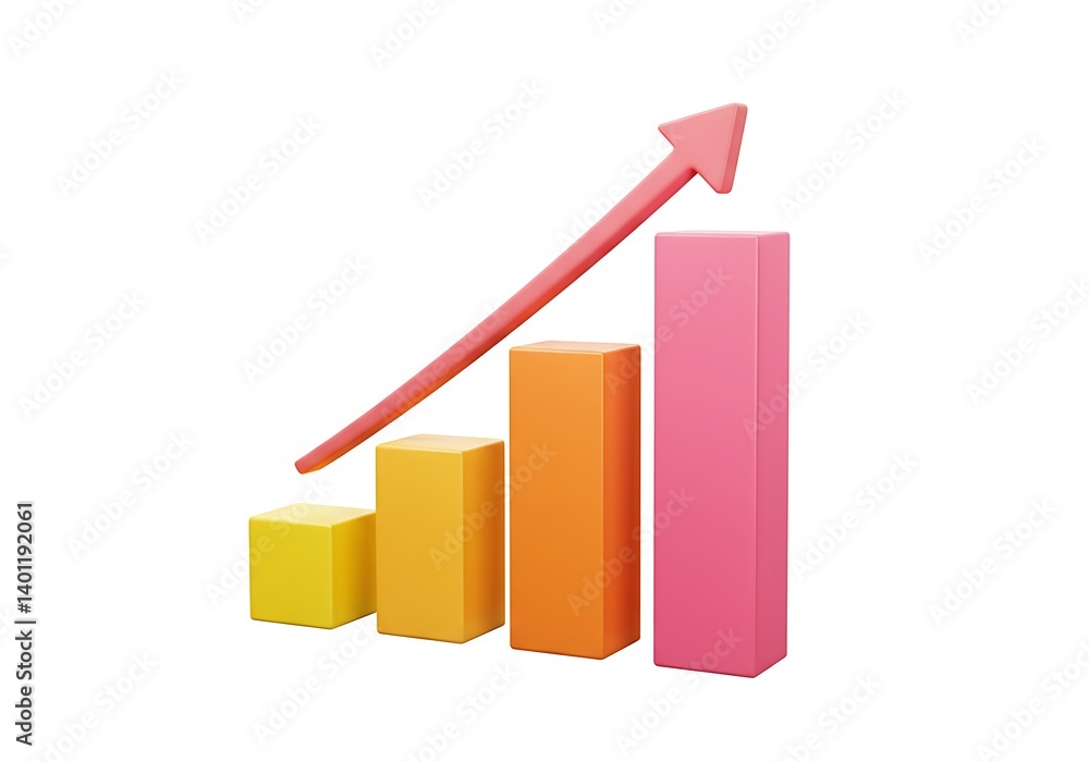 A 3d bar graph showing upward trend with arrow on a isolated on a white background. A 3d bar graph showing upward trend with arrow on a isolated on a white background.