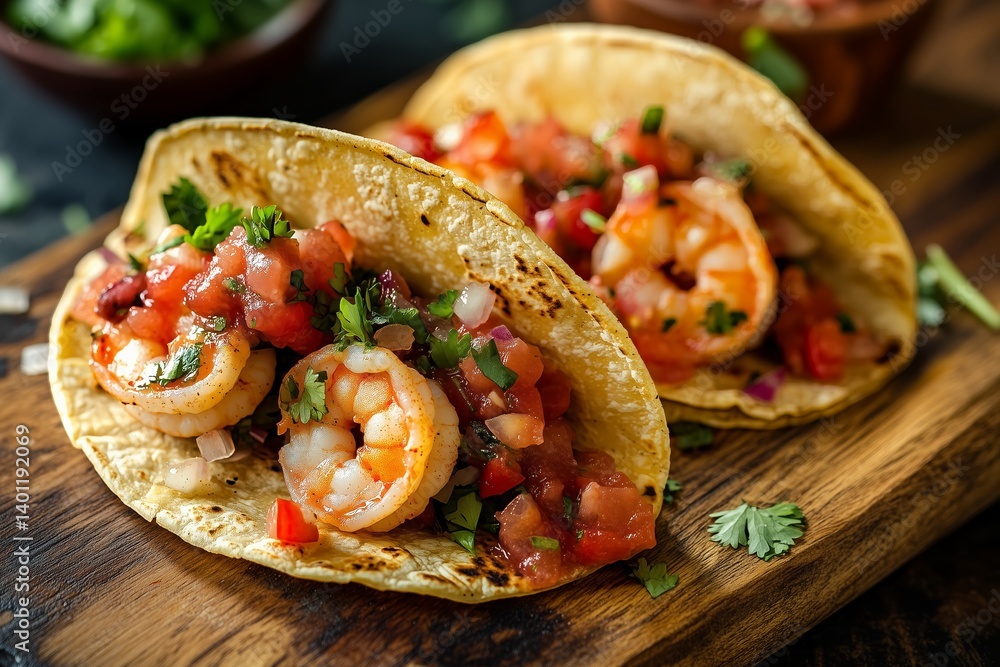 Close-up of two shrimp tacos with cilantro and salsa on a wooden board.