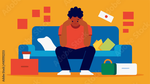Sale Regret A person sitting on their couch surrounded by items they purchased during a sale gazing at the receipts with a worried expression.