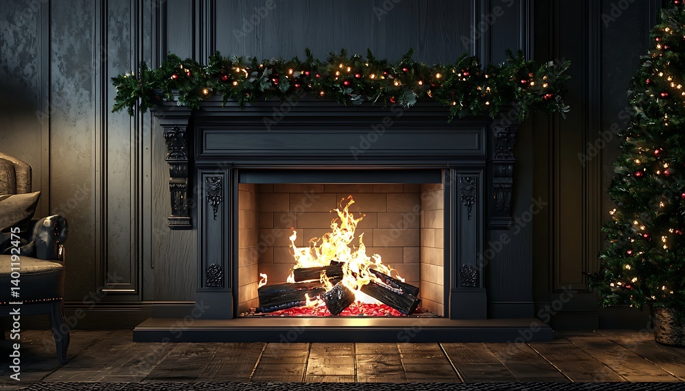 Roaring Fire in Large Traditional Fireplace with Empty Mantle, 3D Rendering for a Cozy Setting Roaring Fire in Large Traditional Fireplace with Empty Mantle, 3D Rendering for a Cozy Setting