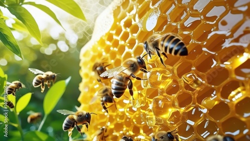 In A Lush Garden, Buzzing Bees Surround Dripping Honeycomb, Capturing The Essence Of Natural Sweetness And Pollination In A Serene Outdoor Setting.