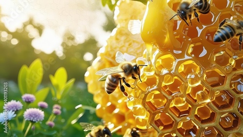 In A Lush Garden, Buzzing Bees Surround Dripping Honeycomb, Capturing The Essence Of Natural Sweetness And Pollination In A Serene Outdoor Setting.