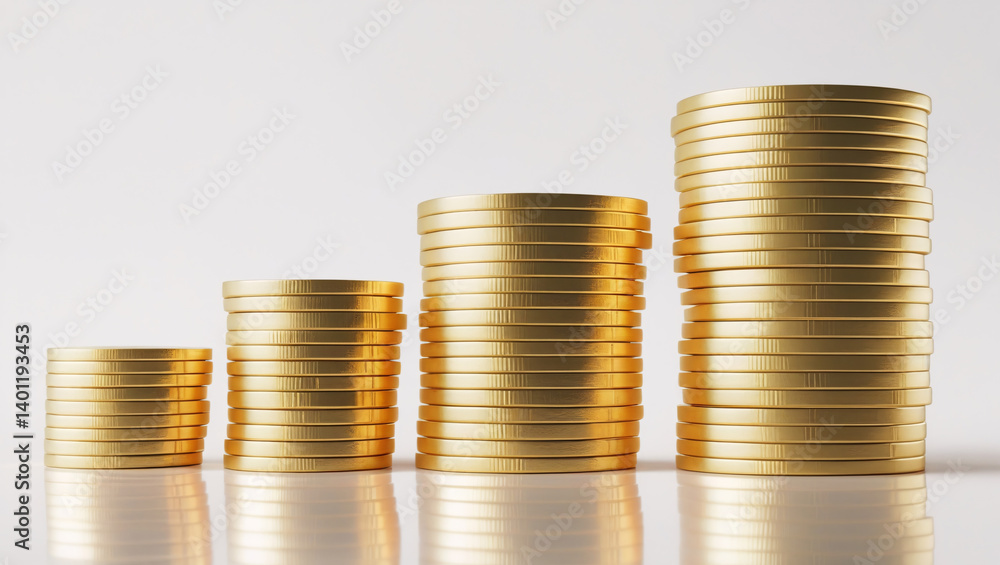 The image displays four stacks of golden coins arranged in a row against a plain, light colored background. The image displays four stacks of golden coins arranged in a row against a plain, light colored background.