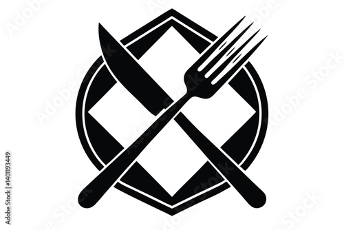 Elegant Restaurant Logo Concept with Crossed Knife and Fork Over Diamond