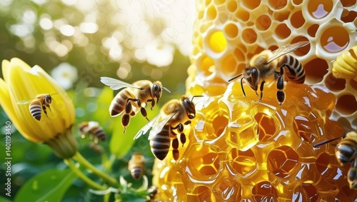 In A Lush Garden, Buzzing Bees Surround Dripping Honeycomb, Capturing The Essence Of Natural Sweetness And Pollination In A Serene Outdoor Setting.