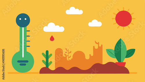 Heatwave Effects A simple of a thermometer reaching extreme temperatures with s of wilting plants and animals seeking shade.