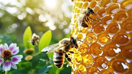 In A Lush Garden, Buzzing Bees Surround Dripping Honeycomb, Capturing The Essence Of Natural Sweetness And Pollination In A Serene Outdoor Setting.