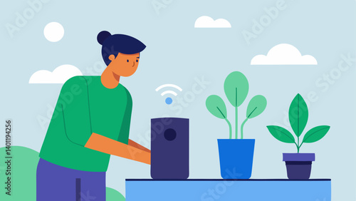 Gardening Tips Someone tending to their garden using a smart speaker on a table while asking their voice assistant for gardening advice.