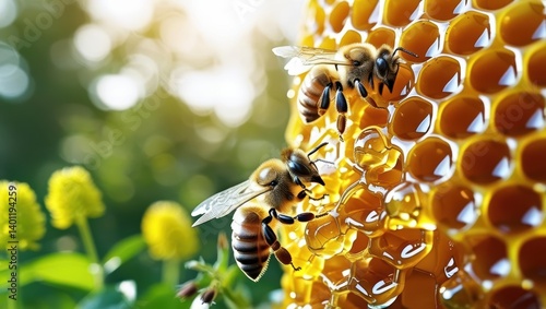 In A Lush Garden, Buzzing Bees Surround Dripping Honeycomb, Capturing The Essence Of Natural Sweetness And Pollination In A Serene Outdoor Setting.
