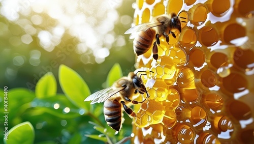 In A Lush Garden, Buzzing Bees Surround Dripping Honeycomb, Capturing The Essence Of Natural Sweetness And Pollination In A Serene Outdoor Setting.